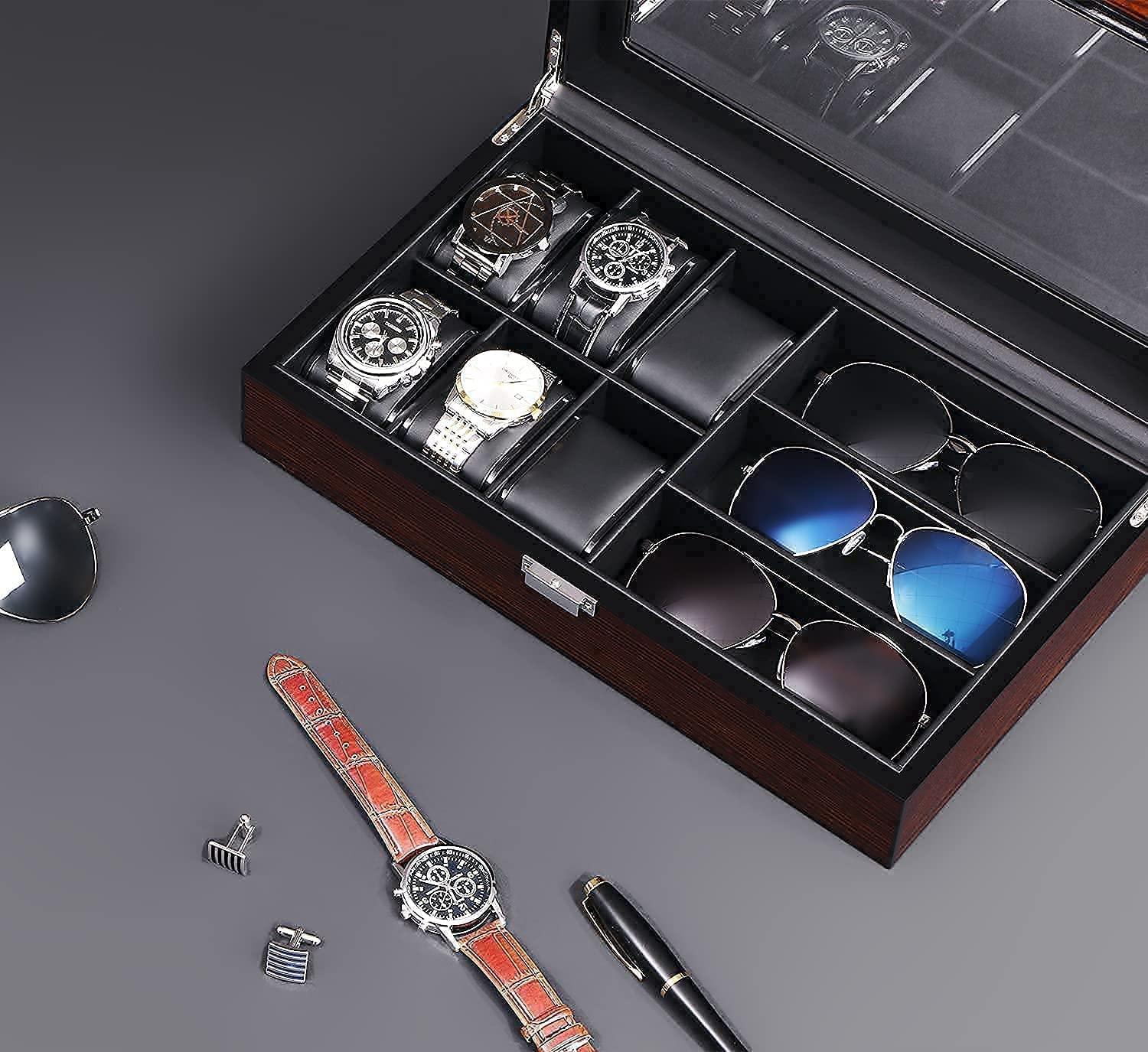 BEWISHOME Watch Box 20 Slots Watch Case for Men & Watch Box Sunglass Organizer with Real Glass Top, 6 Watch Case and 3 Slots Sunglasses Box for Men,Bundle