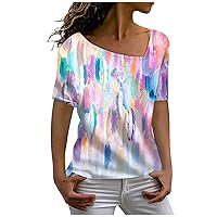 Women's Printed L-Neck Short Sleeve Top Blouse Summer Fashion Casual Tees Basic Loose Comfortable Bottom T Shirt