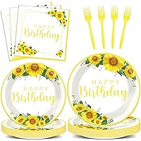 96Pcs Sunflower Party Decorations Happy Birthday Paper Plates Napkin Set Disposable Yellow Sunflower Tableware Party Supplies for Spring Summer Fall Birthday Party Dinnerware Decor Serves 24