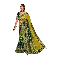 Green and Yellow Wedding Traditional Wear Indian Women Pure Dola Silk Saree Blouse Bollywood Cocktail Design 1126