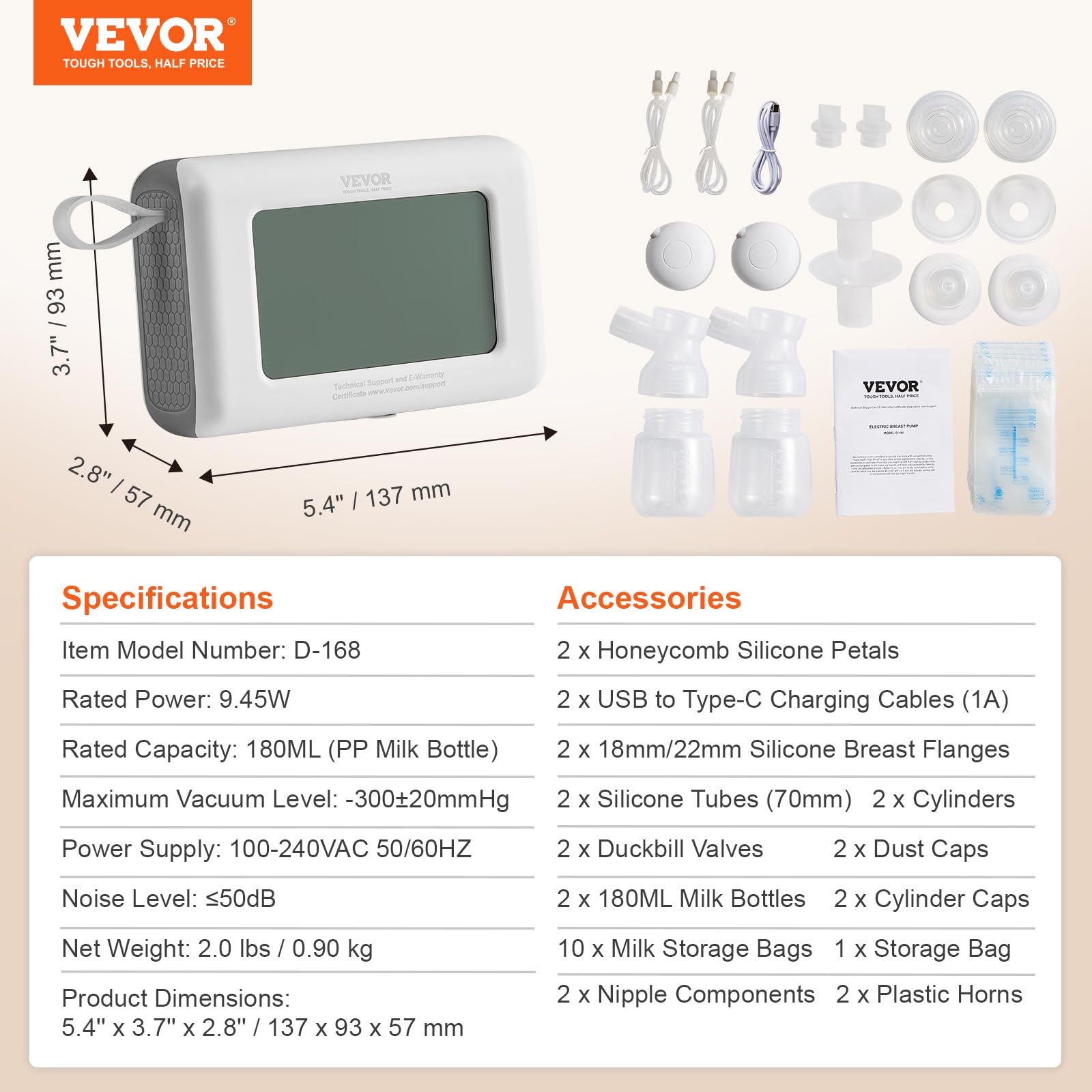 VEVOR Breast Pump, Single/Double Adjustable Electric Breast Pumps, 4 Modes & 9/15 Levels, Reciprocating Piston Pump, 4000mAH Anti-Backflow Breastfeeding Pump with 300mmHg High Suction, 18/22mm Flange