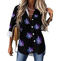 Sea Turtle Starry Space Casual Shirts for Women V Neck Button Down Long Sleeve Blouses Tops Office