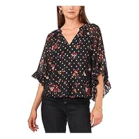 Vince Camuto Womens Black Sheer Lined Floral Bell Sleeve V Neck Top M