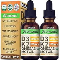(2 Pack) Organic Vitamin D3 K2 Drops w MCT Oil Omega 3, 5000 IU, Maximum Strength Vitamin D Liquid 5000 IU, No Fillers, Non-GMO Liquid D3 for Faster Absorption, Immune Support (Vanilla, 2 Fl Oz)