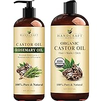Organic Castor Oil and Castor Oil with Rosemary for Hair Growth, Eyelashes and Eyebrows - 100% Pure and Natural Carrier Oil, Hair Oil and Body Oil - Moisturizing Massage Oil for Aroma