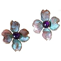 Verdigris Patina Dogwood Flower Earrings - Amethyst - USA Made