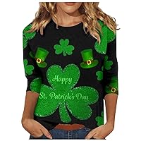 Women's Three Quarter Sleeve Shirts Irish Shamrock Crew Neck Lucky Clover Tee Blouses St. Patrick's Day Holiday Shirts