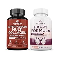 Wholesome Wellness Super-Absorb Multi Collagen Pills (Type I II III V X) Organic Herbs and Bioperine Happy Formula Natural Formula Relief Supplement Bundle