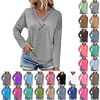 Womens Long Sleeve Tops Fall Fashion Casual Loose Ruched V Neck Button Shirts Slim Fit Blouses Basic Solid Tees