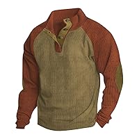 Mens Vintage Corduroy Shirts Casual Mock Neck Pullover Sweaters Button Long Sleeve Sweatshirt with Elbow Patches