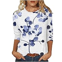 Casual T Shirts for Women Crewneck 3/4 Length Sleeve Floral Printed Trendy Top Loose Fitted Spring Summer Work Shirt