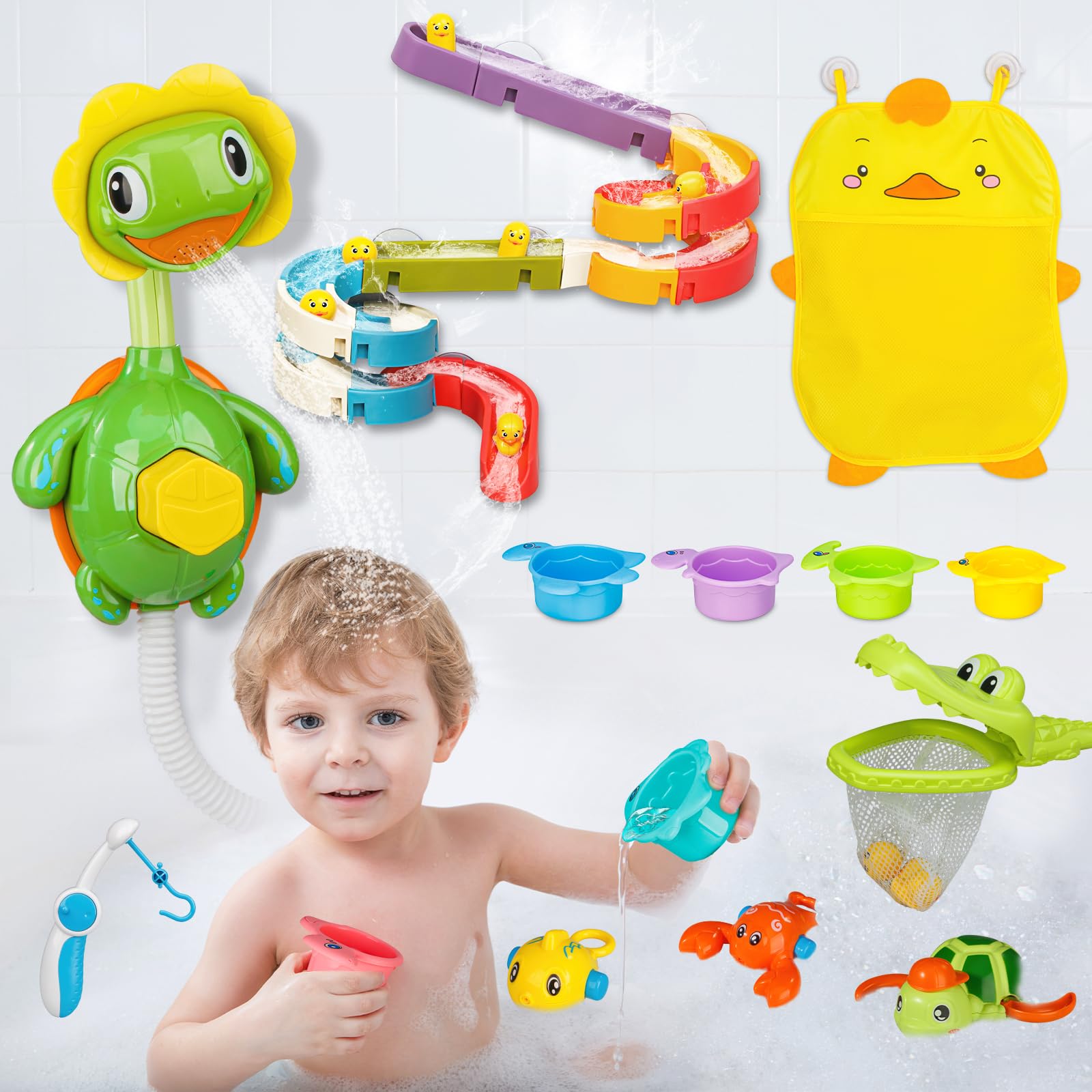 Bath Toys for Toddler, Kids Bathtub Time, Shower Spary Yellow Duck Slide Wall Track, Dinosaur Water Stacking Cups, Wind Up Turtle Fishing Game & Storage Bag Fun Birthday Gift for Baby Boy & Girl