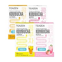 TEAZEN Kombucha 4 Flavors 40 Sticks Variety Pack, Kombucha Lemon, Peach, Berry Citron (40 Sticks)