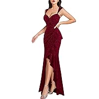 VFSHOW Womens Glitter Sweetheart V Neck Twist Front Backless Ruched Ruffle Slit Formal Evening Gown Maxi Dress