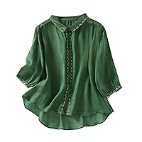 Women's Cotton Linen Embroidery Tunic Tops Button Down Blouse