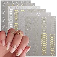 6 Sheets Shiny French Line Nail Art Stickers Decals 3D Glitter Gold Silver Curve Stripe Wave Lines Nail Designs Holographic Metallic Self-Adhesive French Nail Tips DIY Luxury Manicure Art Accessories