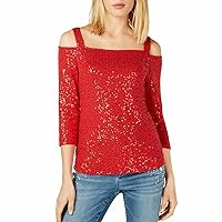 I-N-C Womens Sequined Cold Shoulder Blouse, Red, X-Small