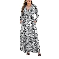 Women's L-5XL Long Sleeve V-Neck Plus Size Casual Maxi Dresses with Pockets