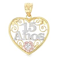 14K Tri Color Gold Sweet 15 Years Quinceanera Heart Charm Tiny Pendant For Necklace or Chain