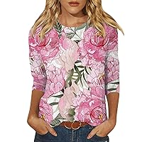 Spring Tops Womens 2024, Womens Tops 3/4 Sleeve Shirts Round Neck Loose Casual Blouses Floral Print Tshirts