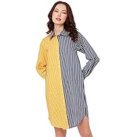 Women's Printed Button Down Shirt Dress, Cuffed Sleeves Collared Dress