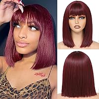 Wine Red Bob Wigs for Women, Burgundy Mix Black Bob Wig with Bangs Silky Soft Synthetic Fibers Wigs Hair for Cosplay Daily Party Use(12 Inch, Burgundy Mix Black)