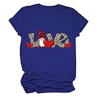 Womens Leopard Gnome Love Letter Graphic T-Shirt Valentines Day Casual Short Sleeve Tee Shirt Cute Crewneck Tops