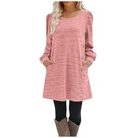 Summer Dress Women Round Neck Solid Color Button Long Sleeve Casual Loose Dress