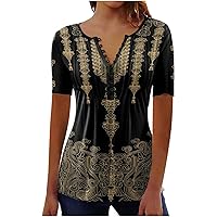 Women's Pleated Tops Casual Summer Blouses Sexy Floral Print Tunic V Neck Button Up Shirt Dressy Slim Tunic Top