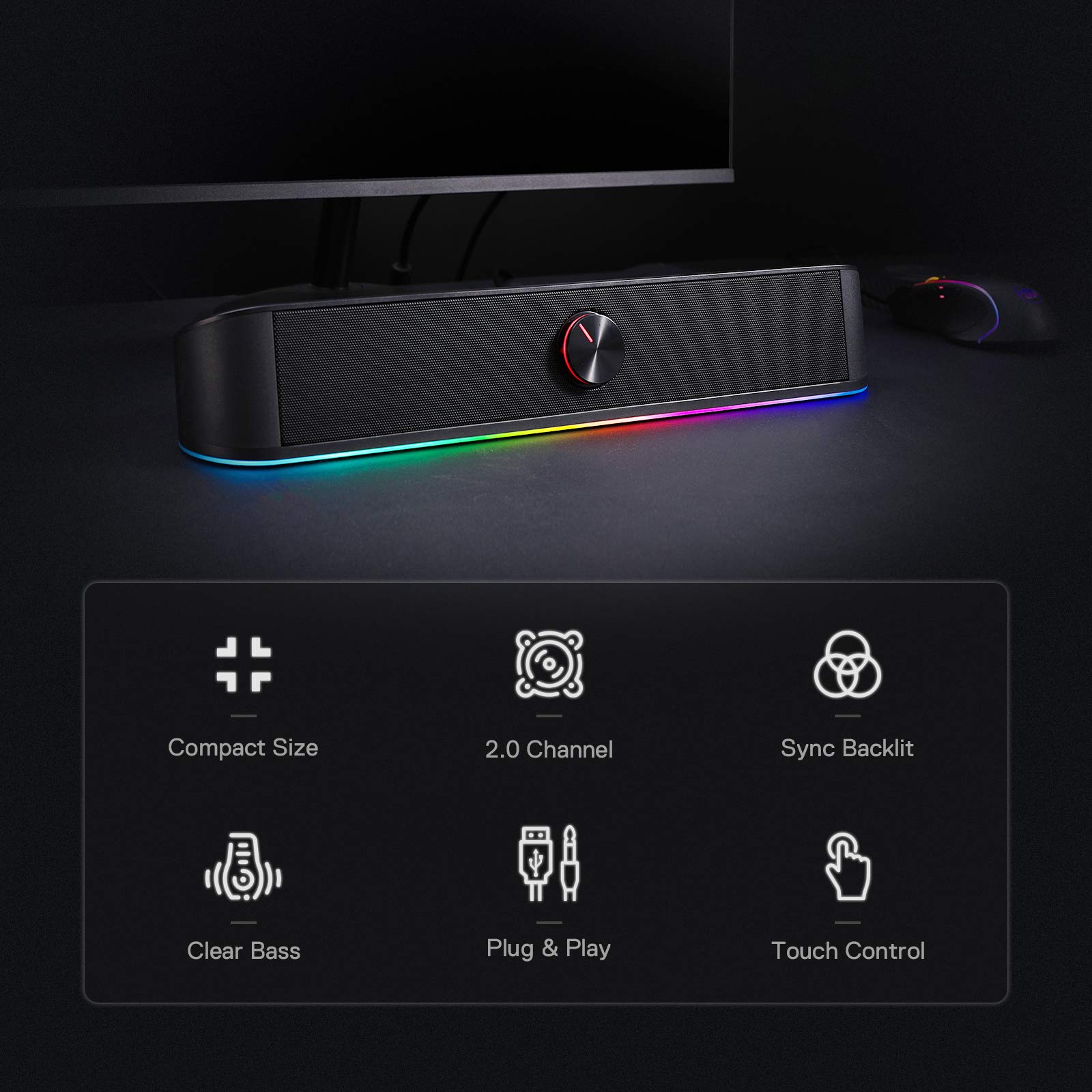 Redragon GS560 RGB Desktop Soundbar, 2.0 Channel Computer Speaker with Dynamic Lighting Bar Audio-Light Sync/Display, Touch-Control Backlit with Volume Knob, USB Powered w/ 3.5mm Cable