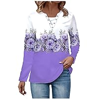 Women Ethnic Floral Tee Shirts Button Down Henley V Neck Tops Fall Long Sleeve Sweatshirts Ladies Loose Outfits