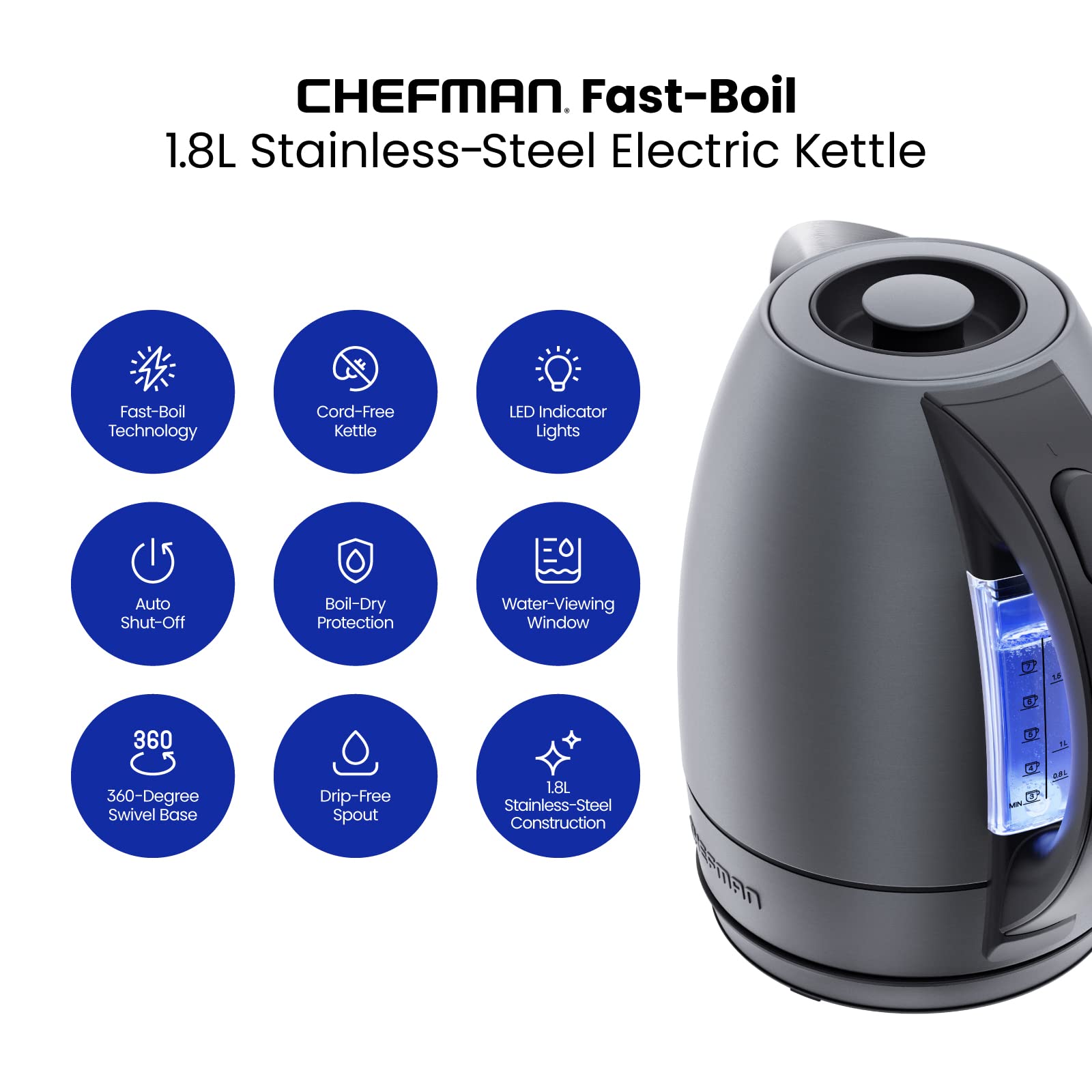 Chefman Electric Kettle, 1.7 Liter Stainless Steel Electric Tea Kettle Water Boiler with Automatic Shutoff, LED Lights, Boil-Dry Protection, Hot Water Electric Kettles for Boiling Water, Grey