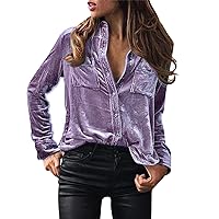 Velvet Tops for Women Vintage Long Sleeve Button Down Shirts Elegant Retro Blouse for Pocket