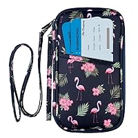 RFID Blocking Passport Wallet with Vaccine Card Slot, Family Travel Passport Holder Document Organizer Bag with Wrist & Neck Double Strap (Large RFID-Flamingo)