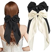Hair Bows for Women Girls, Black and Beige Satin Large Bow Hair Clips, Girls Soft Ribbon Metal Clips, Oversized Long Tail Hair Accessories Hair Clips (Beige,Black)