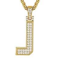 Suplight Bling Bling A-Z Letter Pendant Necklace, Cubic Zirconia CZ Pave Alphabet Initial Pendant with Stainless Steel Spiga Chain, Personalized Custom Rapper Hip Hop Jewelry for Men Boys