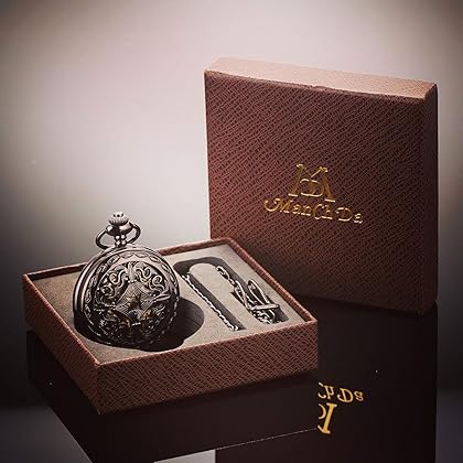 ManChDa Mechanical Pocket Watch Vintage Pocket Watch for Men Women Special Engraved Case Roman Numerals with Chain + Box