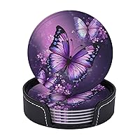 Beautiful Purple Butterfly Art Set of 6 Drink Coasters with Holder Leather Coasters Tabletop Protection Cup Mat for Bar Decorate Cup pad for Coffee Table Kitchen Dining Room