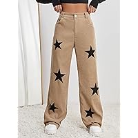 Pants for Women Star Print High Waist Straight Leg Pants MISEV (Color : Khaki, Size : Large)