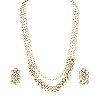 SANARA Indian Bollywood Gold Plated White Pearl Long Kundan Rani Haar Necklace & Earring Set Trending Wedding Jewelry