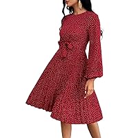 Women's Dress Polka Dot Print Lantern Sleeve Pleated Hem Belted Dress (Color : Red and White, Size : Large)