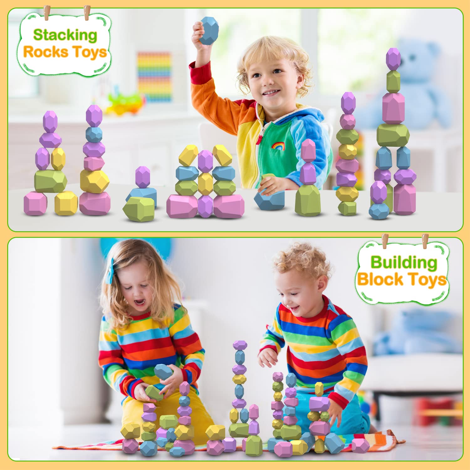 Sensory Toys for 1 2 3 Year Old Boys Girls, Wooden Stacking Blocks Rocks, Montessori Stacking Toys for Toddlers 1-3, Educational Learning Building Blocks Toddler Toys for Kids Age 3-5, Preschool Gift