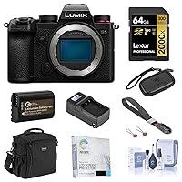 Panasonic Lumix DC-S5 Mirrorless Camera Bundle with 64GB UHS-II V90 SD Card, Card Case, Bag, Wrist Strap, Extra Battery, Charger, Screen Protector, Cleaning Kit