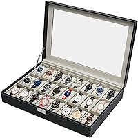 24 Slot Black Leather Watch Box for Collection,Metal Buckle Watches/Jewely Display Storage with Removable Pillows