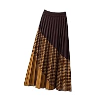 Contrast Plaid Knitted Midi Long Skirt for Women Fall Winter Vintage Soft Warm High Waist Pleated Skirt