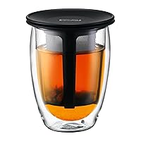 Tea For One Set, Tea Strainer with 12 Ounce Double Wall Borosilicate Glass, Black