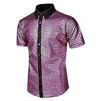 Men's Dress Shirts Quilted Solid Short Sleeve Stretch Wrinkle-Free Tee Shirt Casual Button Down Golf Shirts Summer Tops