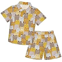 visesunny Toddler Boys 2 Piece Outfit Button Down Shirt and Short Sets Yellow Cat Boy Summer Outfits