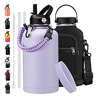 Half Gallon Water-Bottle with Straw - Paracord Handle, Straw & Flex Cap, Keep Ice Cold-48H & Hot-24H, Vacuum Insulated Water Jug with Carrier Bag, Protective Boot, Metal Insulated Water Bottle 64oz