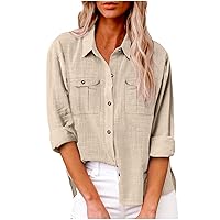 Womens Button Down Shirts Gauze Cotton Dress Shirt Spring Long Sleeve Oversized Solid Tunic Tops Blouses with Pockets